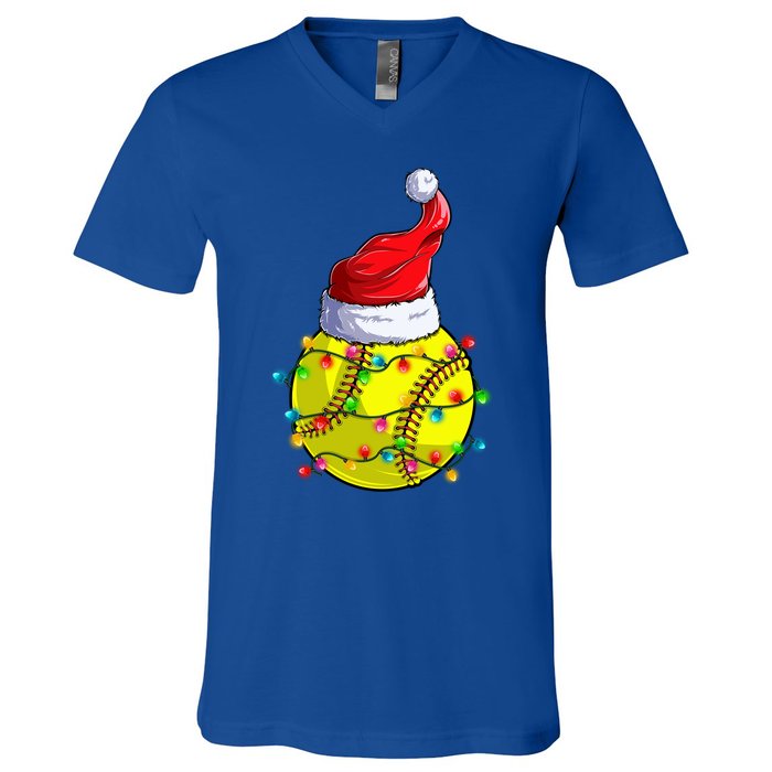 Softball Christmas Santa Hat Funny Softball Xmas Holiday Gift V-Neck T-Shirt