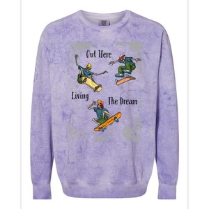 Skateboarding Cartoon Skeleton Grunge Vibe Out Here Living Cute Gift Colorblast Crewneck Sweatshirt