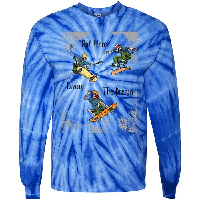 Skateboarding Cartoon Skeleton Grunge Vibe Out Here Living Cute Gift Tie-Dye Long Sleeve Shirt