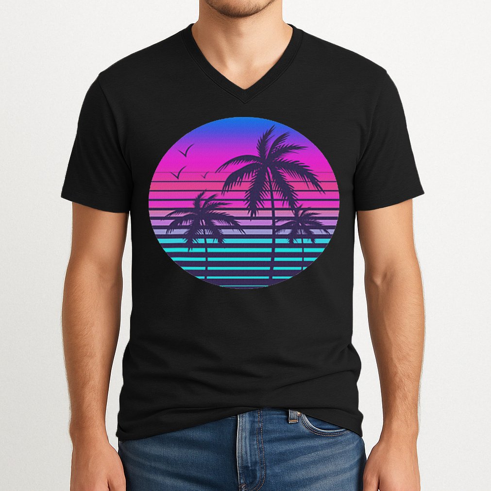 Sunset Cool Summer Vacation Women Beach Palm Tree V-Neck T-Shirt