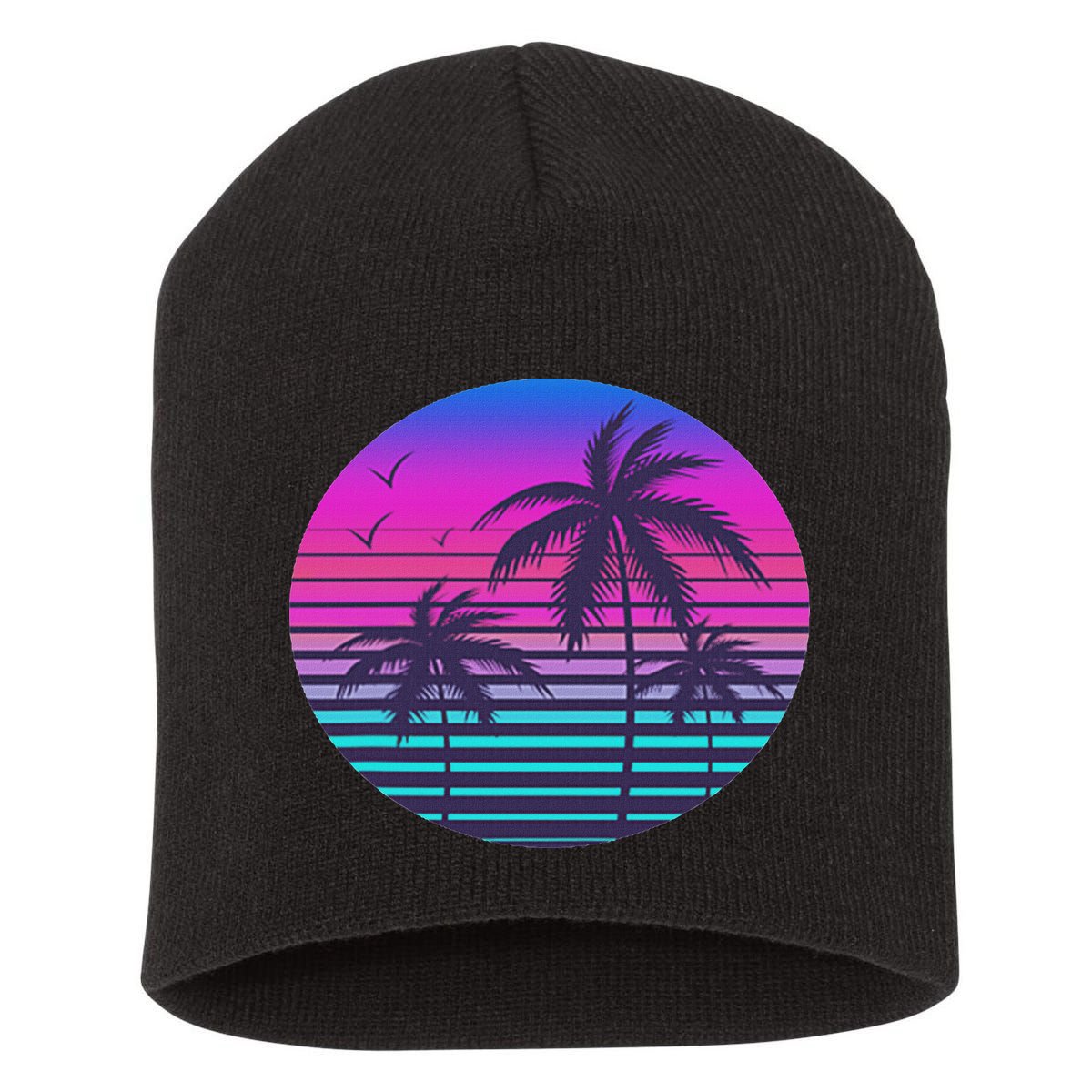 Sunset Cool Summer Vacation Women Beach Palm Tree Short Acrylic Beanie