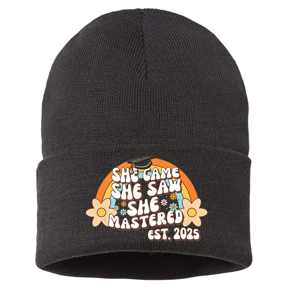 She Came She Saw She Mastered Master's Degree 2025 Graduate Sustainable Knit Beanie