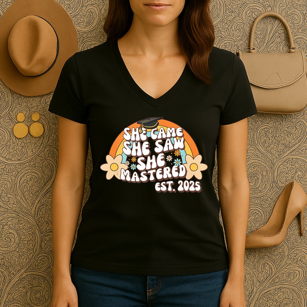 She Came She Saw She Mastered Master's Degree 2025 Graduate Women's V-Neck T-Shirt