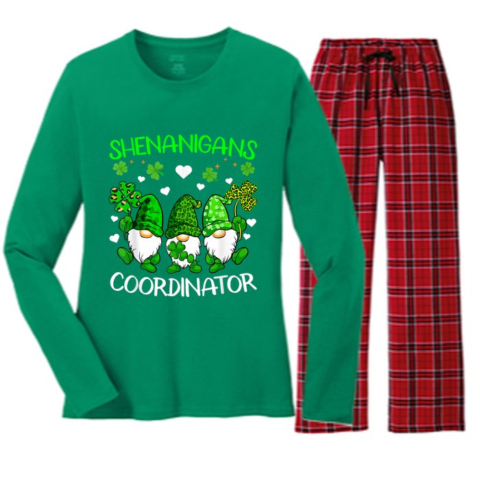 Shenanigans Coordinator St Patricks Day Green Gnomes Lovers Women's Long Sleeve Flannel Pajama Set 