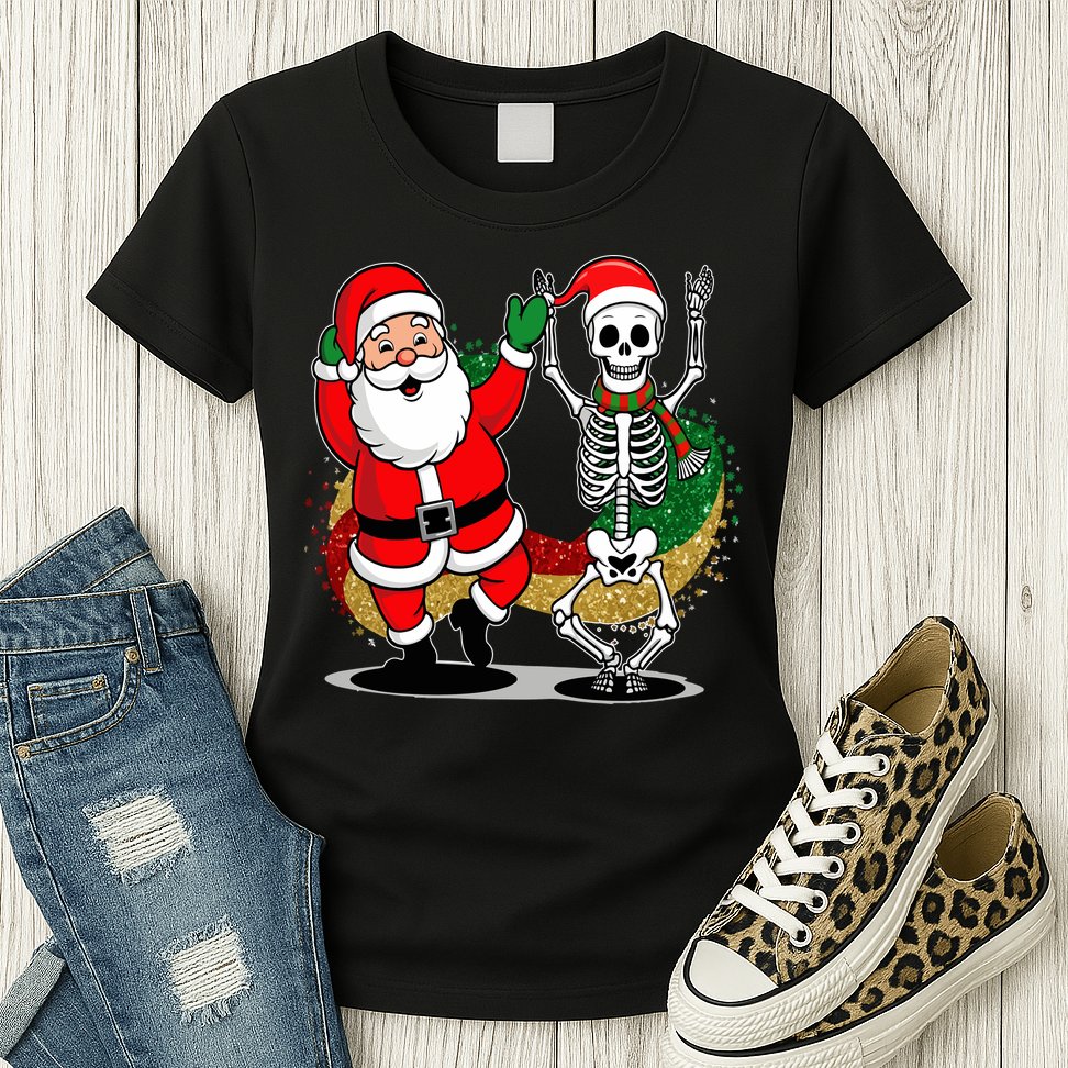 Santa Claus & Skeleton Christmas Womens T-Shirt