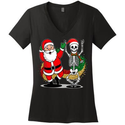 Santa Claus & Skeleton Christmas Women's V-Neck T-Shirt