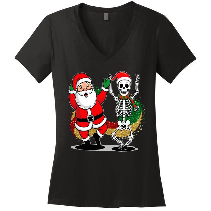 Santa Claus & Skeleton Christmas Women's V-Neck T-Shirt