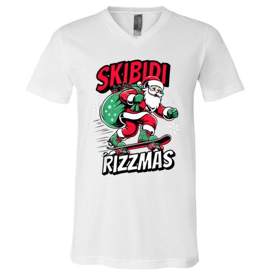 Santa Clause Skating Board Xmas V-Neck T-Shirt