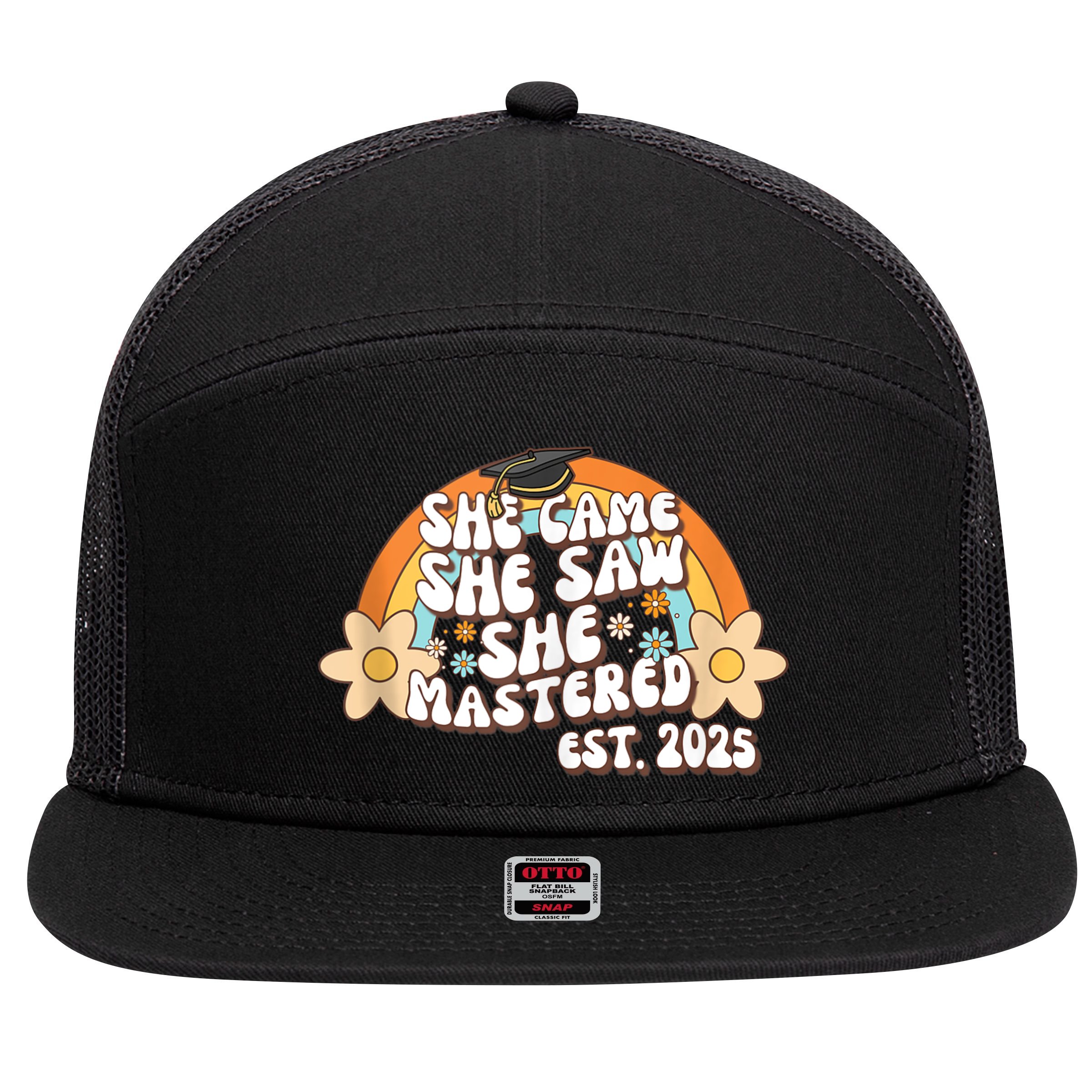 She Came She Saw She Mastered Master's Degree 2025 Graduate 7 Panel Mesh Trucker Snapback Hat