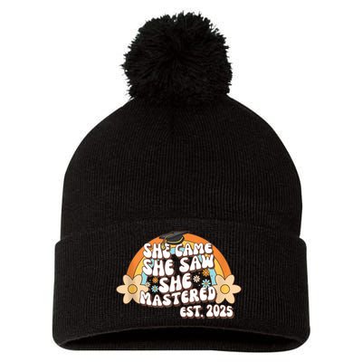 She Came She Saw She Mastered Master's Degree 2025 Graduate Pom Pom 12in Knit Beanie