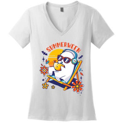 Summerween Cute Spooky Summer Ghost Halloween Lover Women's V-Neck T-Shirt