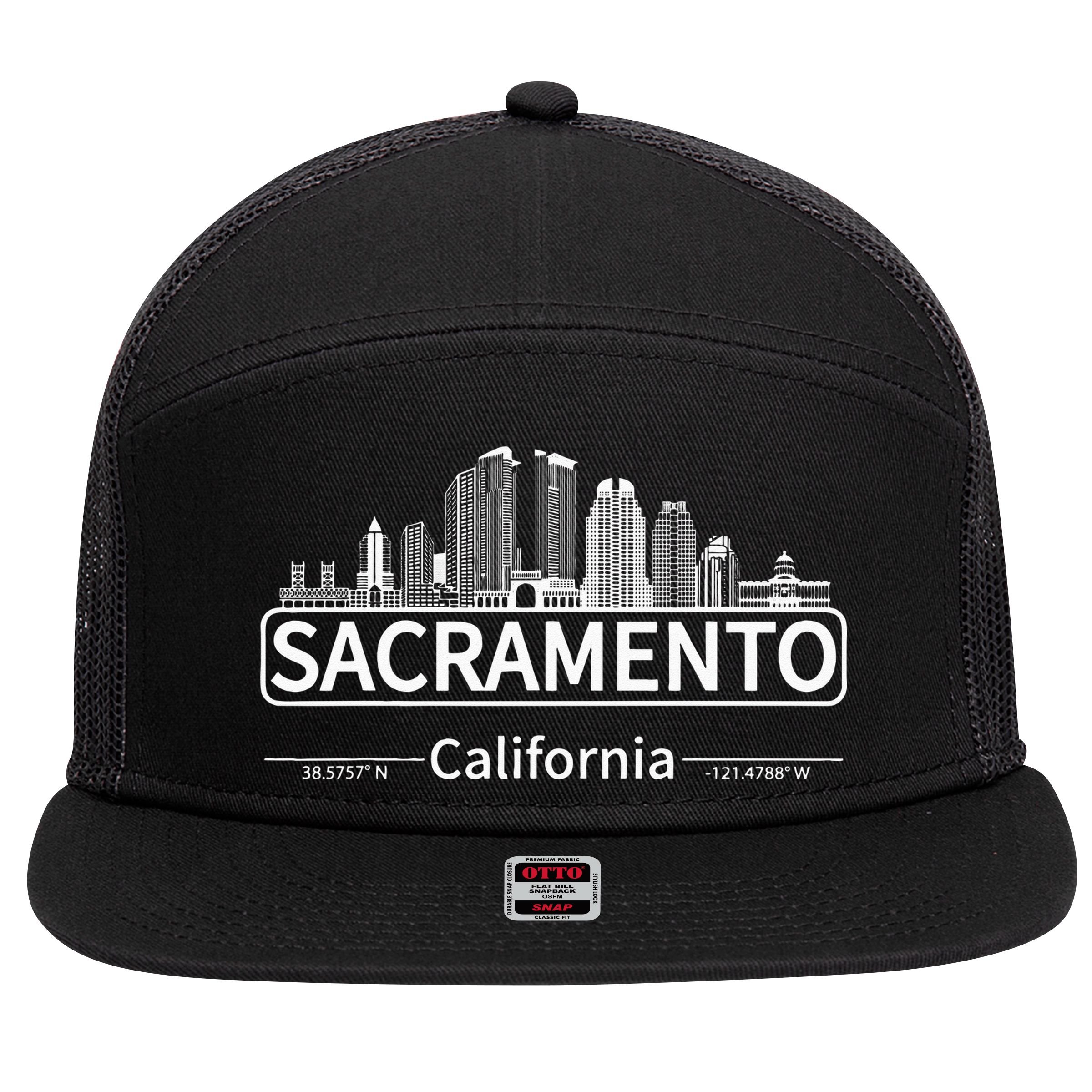 Sacramento California Skyline Travel To Sacramento 7 Panel Mesh Trucker Snapback Hat