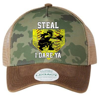 Softball Catcher Steal I Dare Ya Funny Player Girl Legacy Tie Dye Trucker Hat