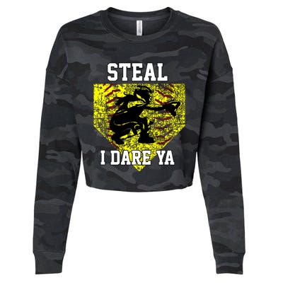 Softball Catcher Steal I Dare Ya Funny Player Girl Cropped Pullover Crew