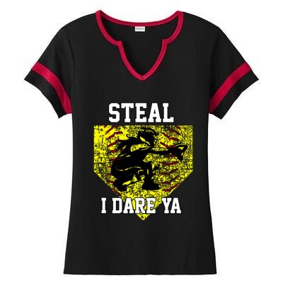 Softball Catcher Steal I Dare Ya Funny Player Girl Ladies Halftime Notch Neck Tee