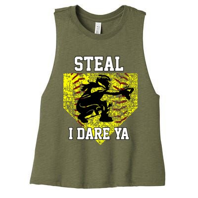 Softball Catcher Steal I Dare Ya Funny Player Girl Women's Racerback Cropped Tank