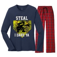 Softball Catcher Steal I Dare Ya Funny Player Girl Women's Long Sleeve Flannel Pajama Set 