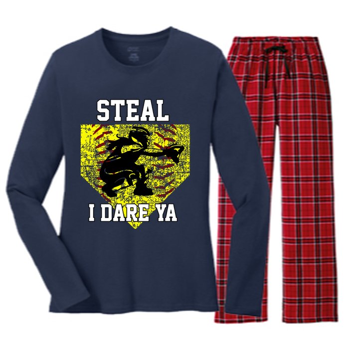 Softball Catcher Steal I Dare Ya Funny Player Girl Women's Long Sleeve Flannel Pajama Set 