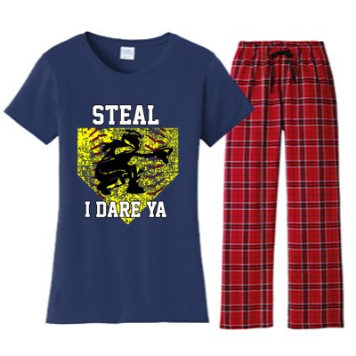 Softball Catcher Steal I Dare Ya Funny Player Girl Women's Flannel Pajama Set