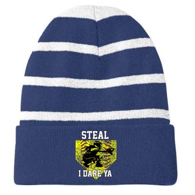 Softball Catcher Steal I Dare Ya Funny Player Girl Striped Beanie with Solid Band