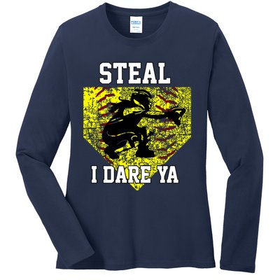 Softball Catcher Steal I Dare Ya Funny Player Girl Ladies Long Sleeve Shirt