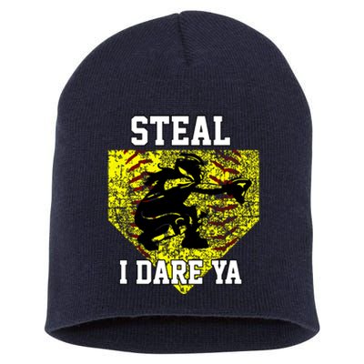 Softball Catcher Steal I Dare Ya Funny Player Girl Short Acrylic Beanie