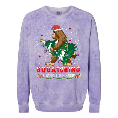 Sasquatch Christmas Squatching Bigfoot Santa Xmas Tree Light Colorblast Crewneck Sweatshirt