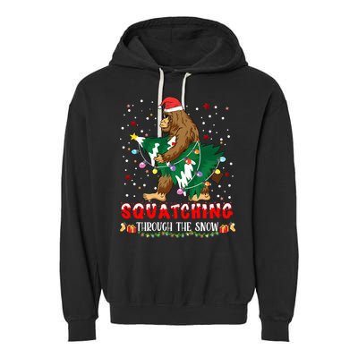 Sasquatch Christmas Squatching Bigfoot Santa Xmas Tree Light Garment-Dyed Fleece Hoodie
