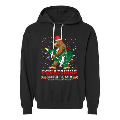 Sasquatch Christmas Squatching Bigfoot Santa Xmas Tree Light Garment-Dyed Fleece Hoodie