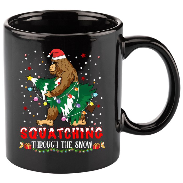 Sasquatch Christmas Squatching Bigfoot Santa Xmas Tree Light 11oz C Handle Ceramic Mug