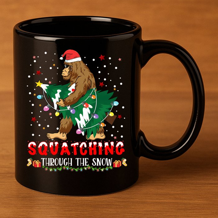 Sasquatch Christmas Squatching Bigfoot Santa Xmas Tree Light 11oz C Handle Ceramic Mug