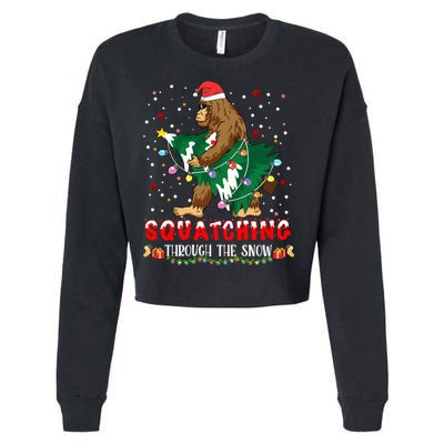 Sasquatch Christmas Squatching Bigfoot Santa Xmas Tree Light Cropped Pullover Crew