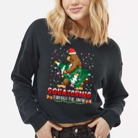 Sasquatch Christmas Squatching Bigfoot Santa Xmas Tree Light Cropped Pullover Crew