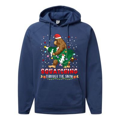 Sasquatch Christmas Squatching Bigfoot Santa Xmas Tree Light Performance Fleece Hoodie