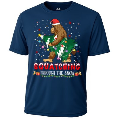 Sasquatch Christmas Squatching Bigfoot Santa Xmas Tree Light Cooling Performance Crew T-Shirt