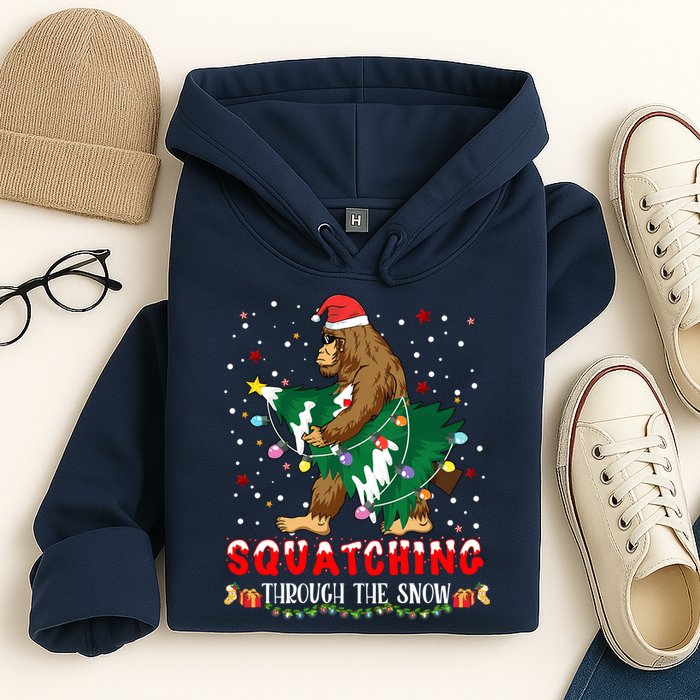 Sasquatch Christmas Squatching Bigfoot Santa Xmas Tree Light Hoodie