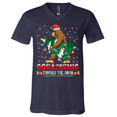 Sasquatch Christmas Squatching Bigfoot Santa Xmas Tree Light V-Neck T-Shirt