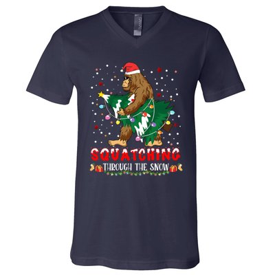 Sasquatch Christmas Squatching Bigfoot Santa Xmas Tree Light V-Neck T-Shirt