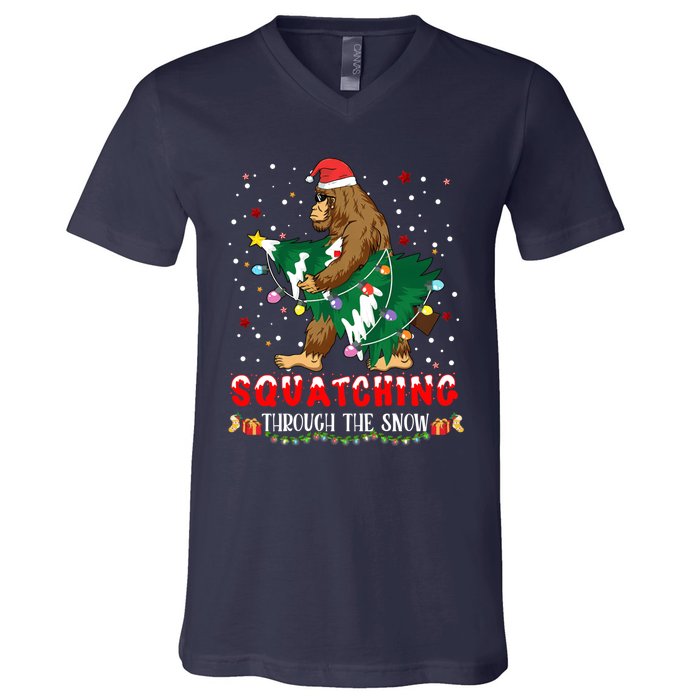 Sasquatch Christmas Squatching Bigfoot Santa Xmas Tree Light V-Neck T-Shirt