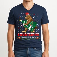 Sasquatch Christmas Squatching Bigfoot Santa Xmas Tree Light V-Neck T-Shirt