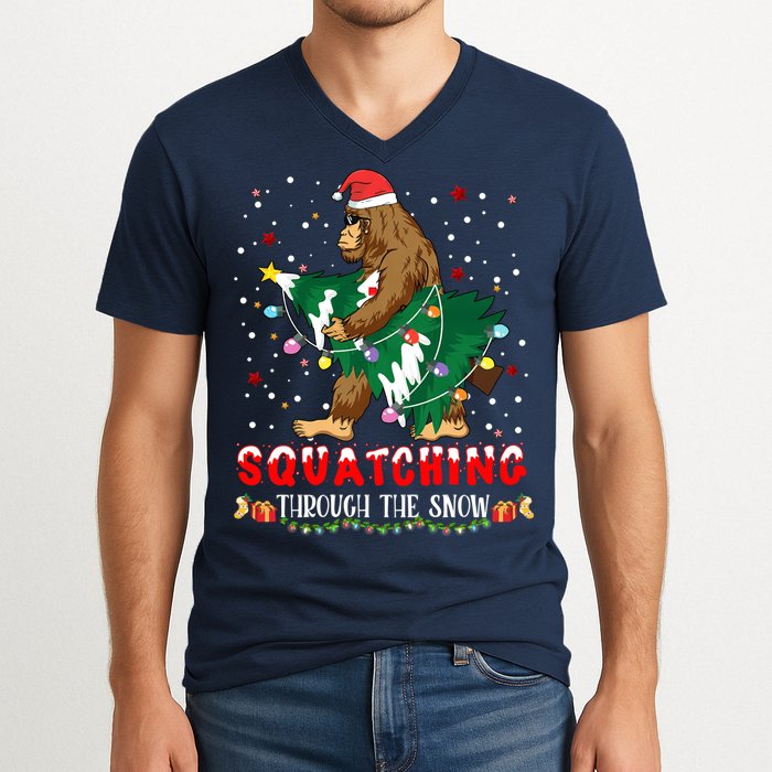 Sasquatch Christmas Squatching Bigfoot Santa Xmas Tree Light V-Neck T-Shirt