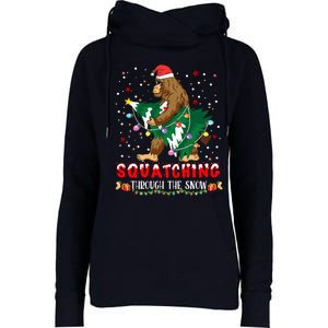 Sasquatch Christmas Squatching Bigfoot Santa Xmas Tree Light Womens Funnel Neck Pullover Hood