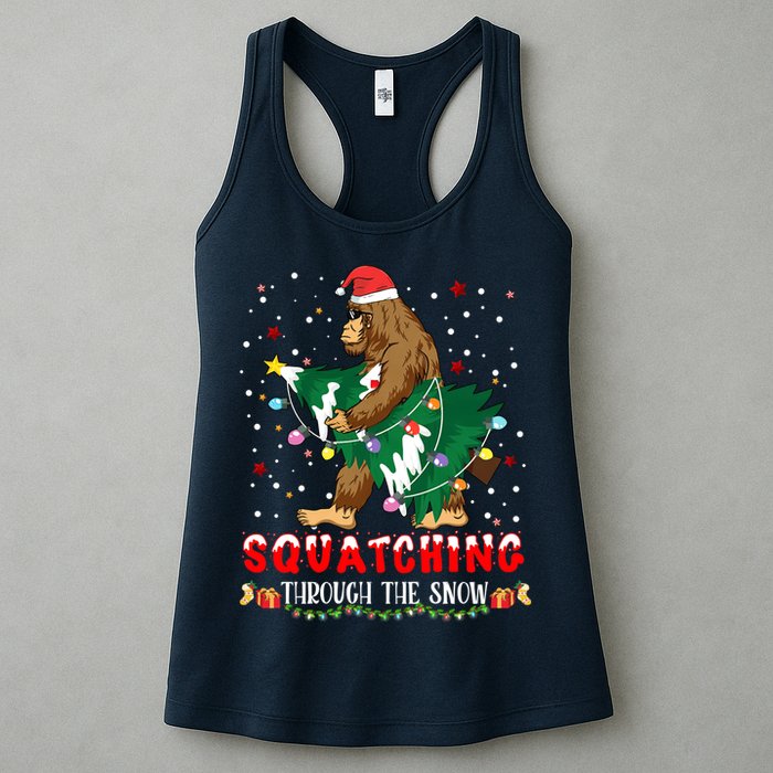 Sasquatch Christmas Squatching Bigfoot Santa Xmas Tree Light Womens Tank Top