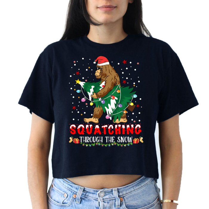 Sasquatch Christmas Squatching Bigfoot Santa Xmas Tree Light Crop Top