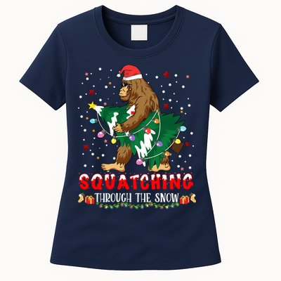 Sasquatch Christmas Squatching Bigfoot Santa Xmas Tree Light Womens T-Shirt