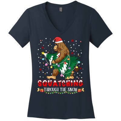 Sasquatch Christmas Squatching Bigfoot Santa Xmas Tree Light Women's V-Neck T-Shirt