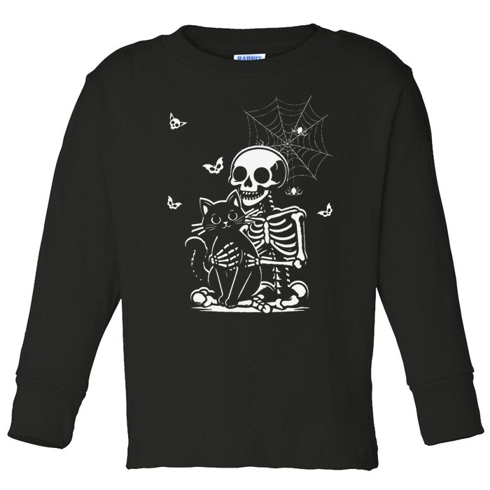 Skeleton Cat Skull Holding Kitty Cute Goth Halloween Toddler Long Sleeve Shirt