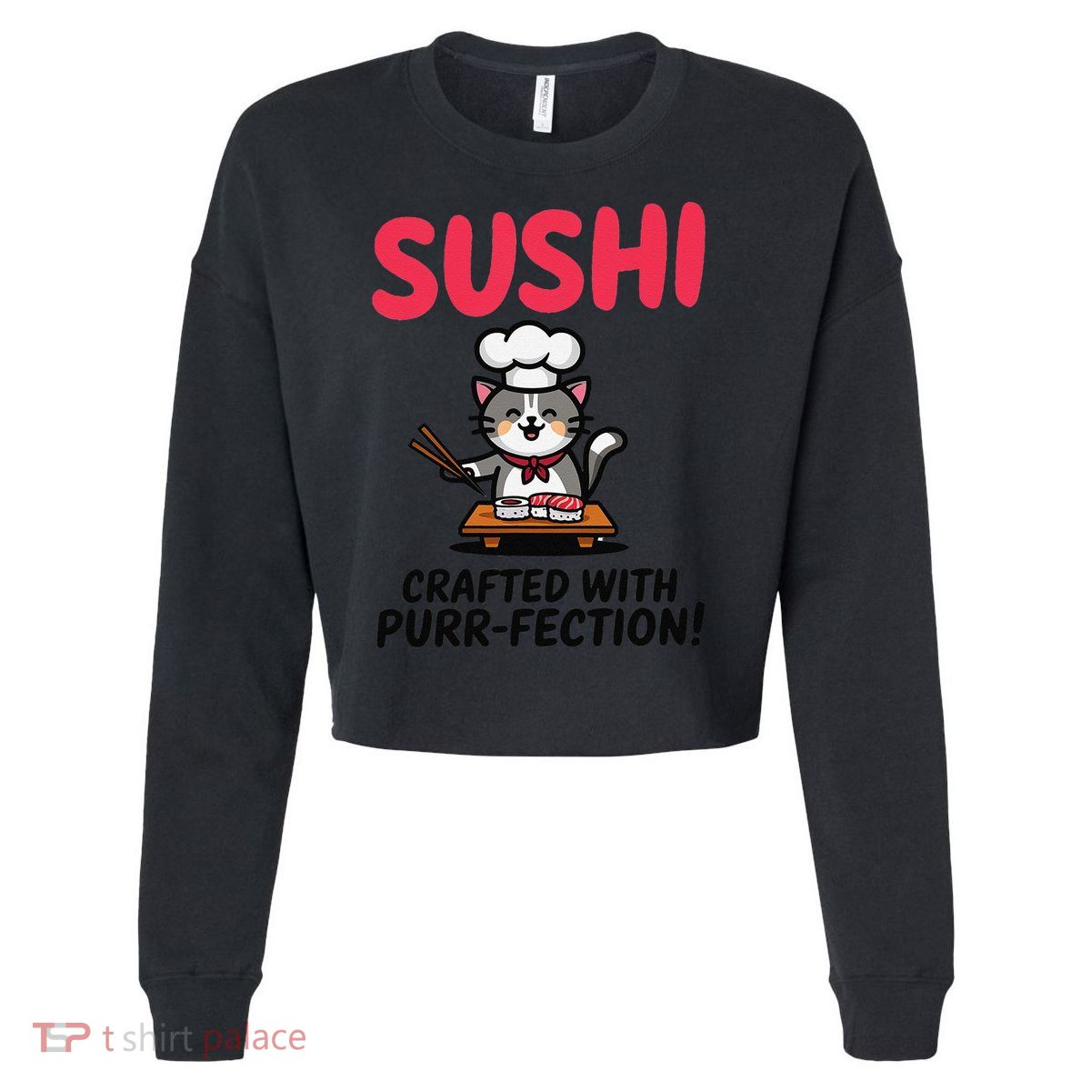 Sushi Cat  Sushi Roll Japanese Food Preppy Cat Cropped Pullover Crew