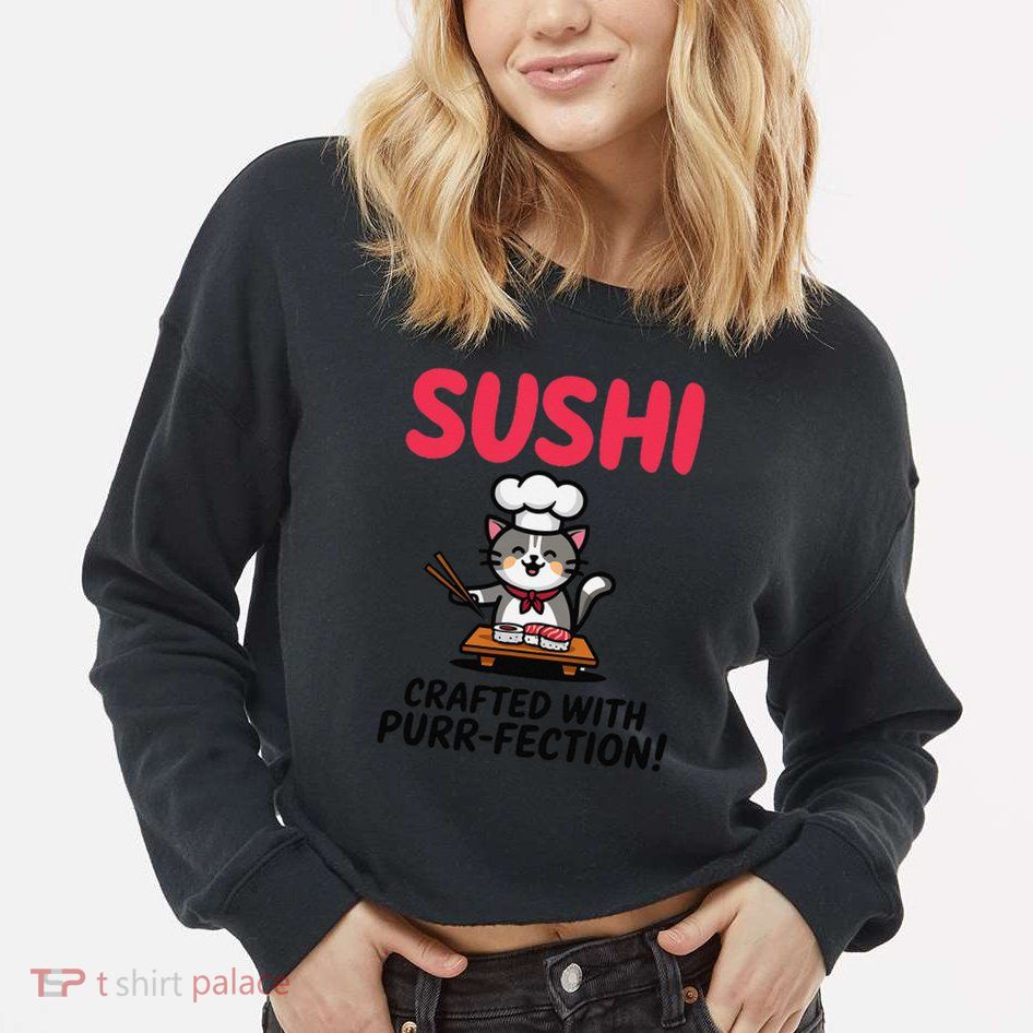 Sushi Cat  Sushi Roll Japanese Food Preppy Cat Cropped Pullover Crew