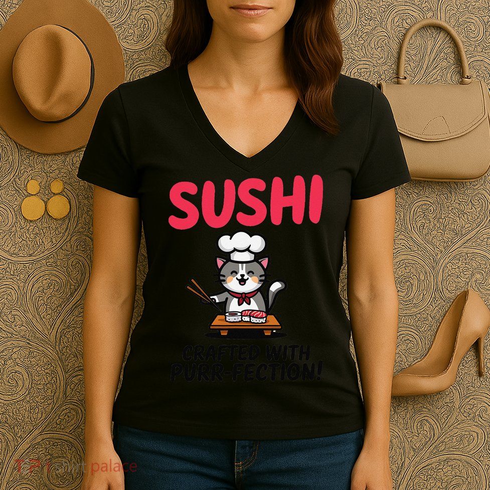 Sushi Cat  Sushi Roll Japanese Food Preppy Cat Women's V-Neck T-Shirt